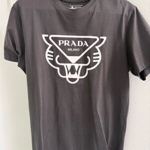 Prada Men's Charcoal Tee with White Logo